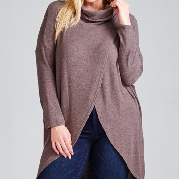 Hacci Brush Cowl Neck Long Pullover Top Plus Size - Picture 2 of 3